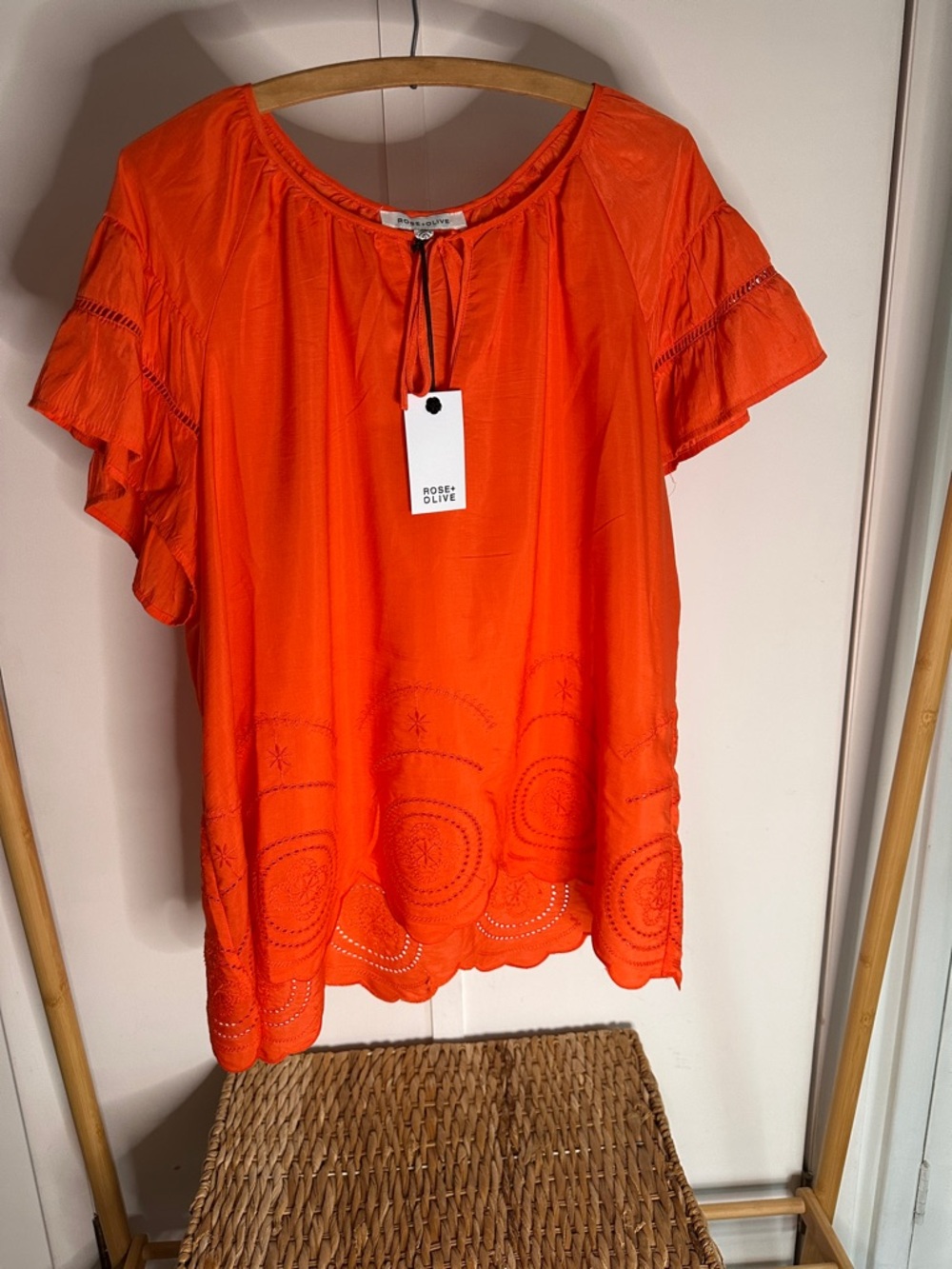 Rose & Olive Bright Orange Embroidered Tie-Neck Peasant Blouse